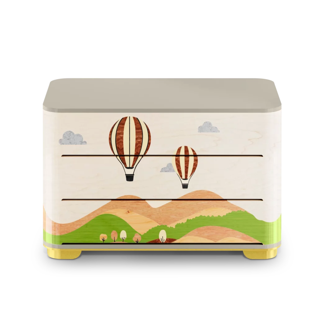 Front-facing view of the Wonder Dresser featuring hot air balloons and wooden landscape inlay