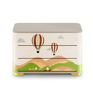Front-facing view of the Wonder Dresser featuring hot air balloons and wooden landscape inlay