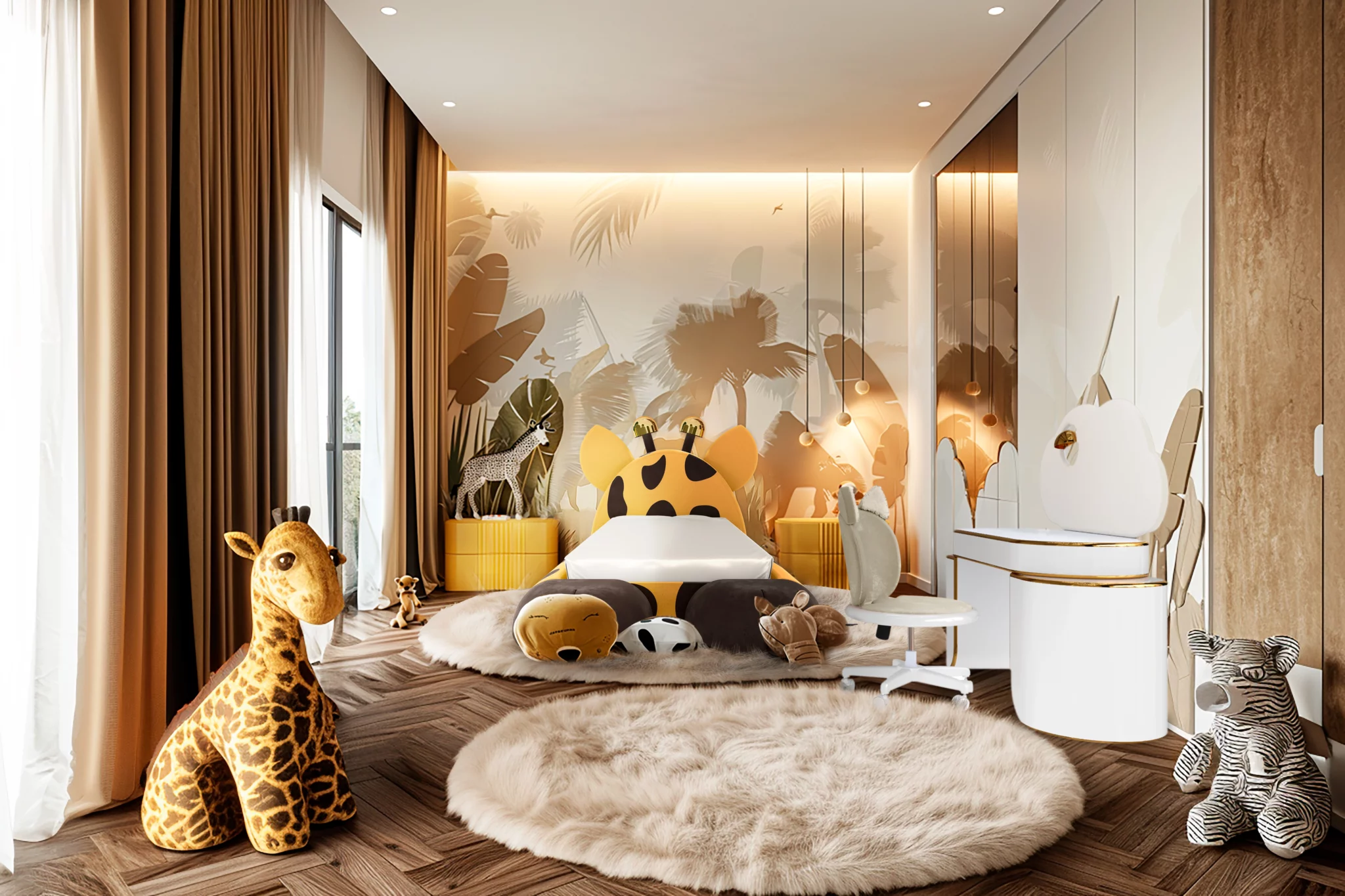 Luxury kids bedroom featuring the Gigi Bed with integrated lighting, Cloud Glow Desk, and Meow Office Chair by MAGILORE – jungle-themed interior with premium velvet finishes