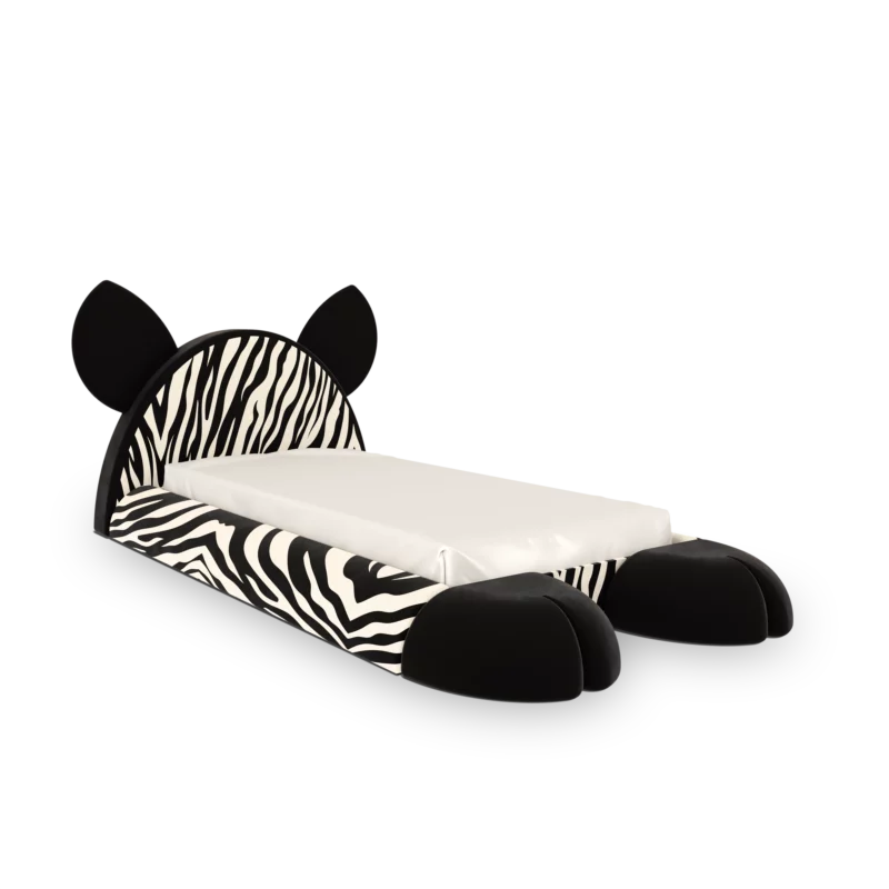 Zebra kids bed with animal ears and striped fabric