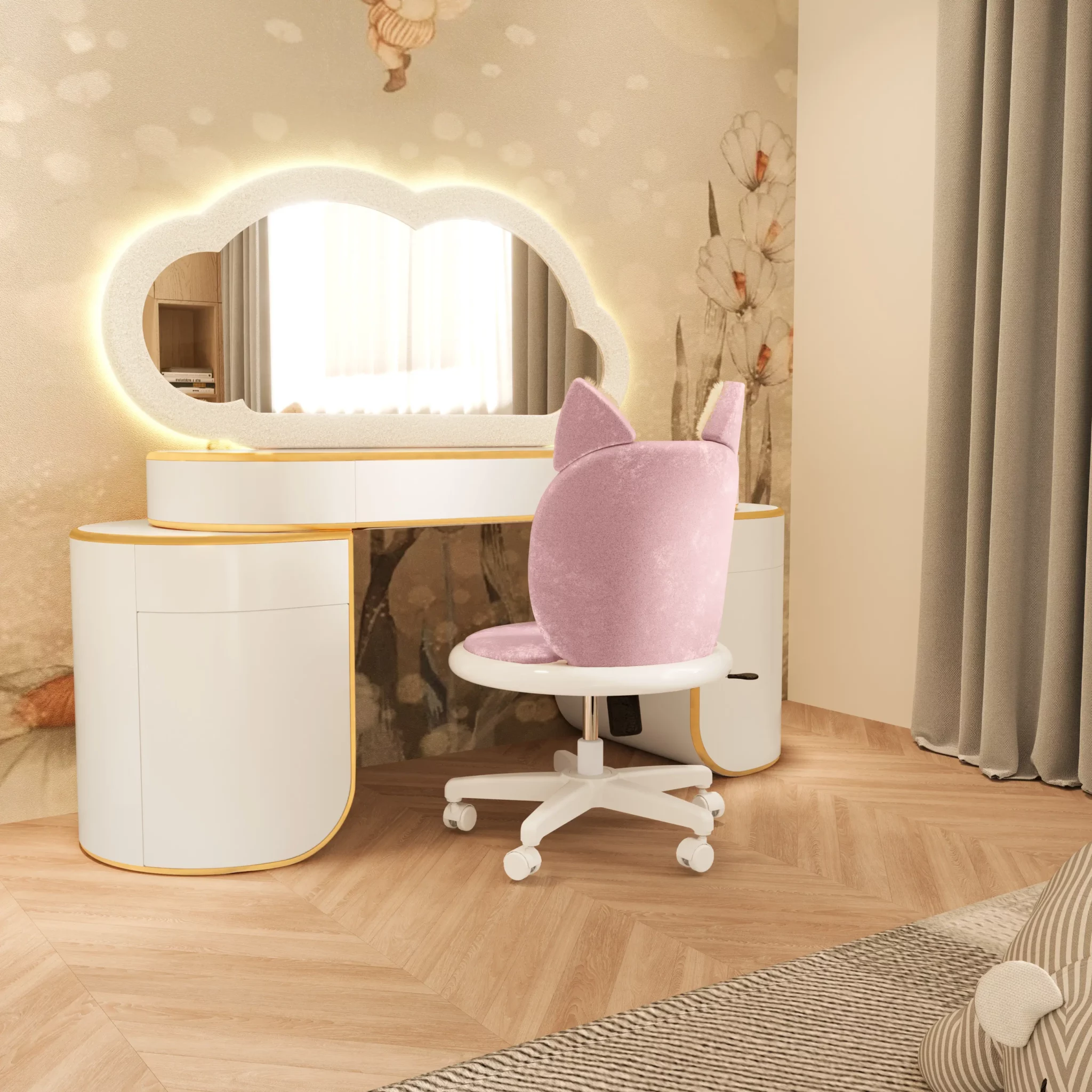 MAGILORE Meow Office Chair in blush pink velvet with playful cat-ear design, paired with the Cloud Glow Vanity featuring illuminated cloud-shaped mirror