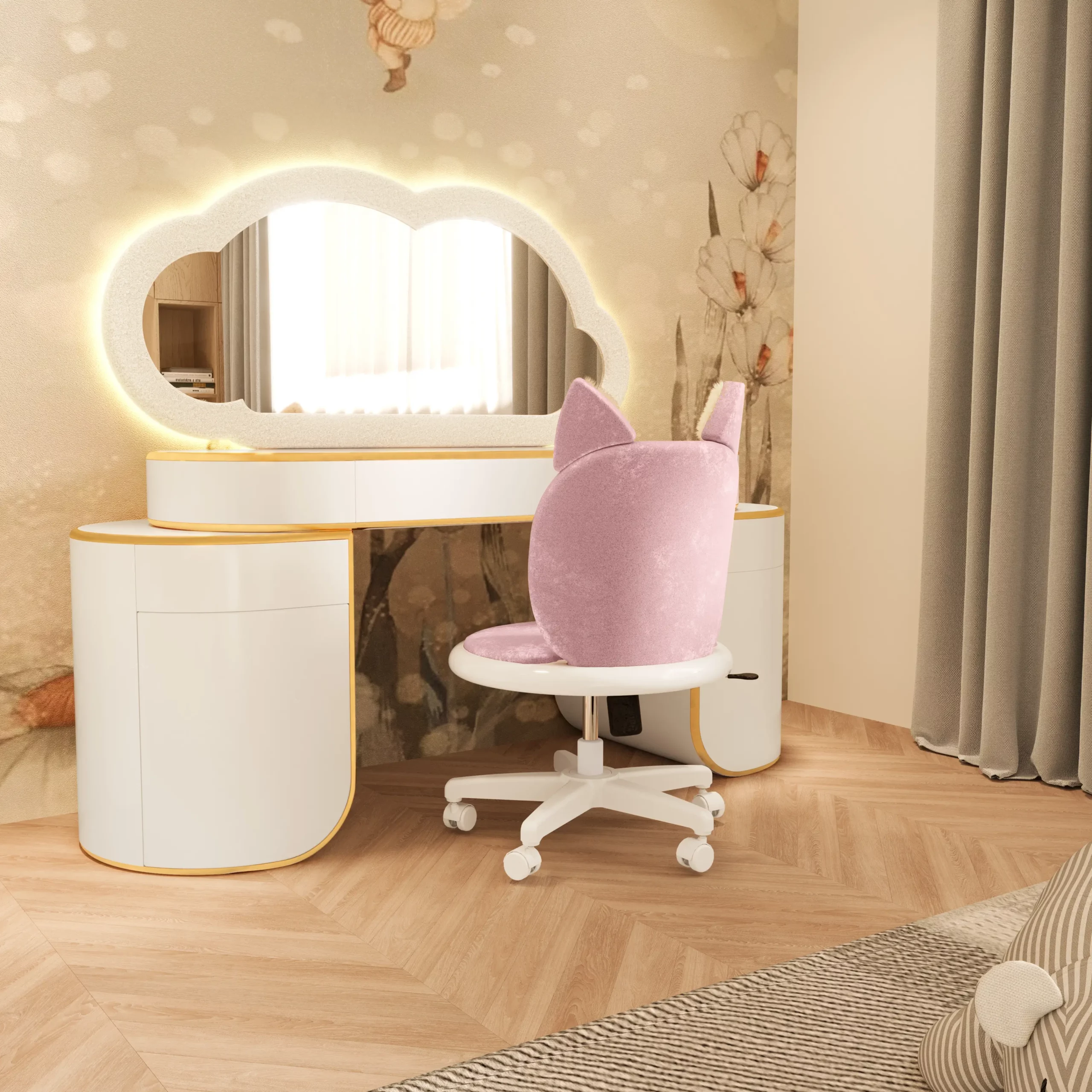MAGILORE Meow Office Chair in blush pink velvet with playful cat-ear design, paired with the Cloud Glow Vanity featuring illuminated cloud-shaped mirror