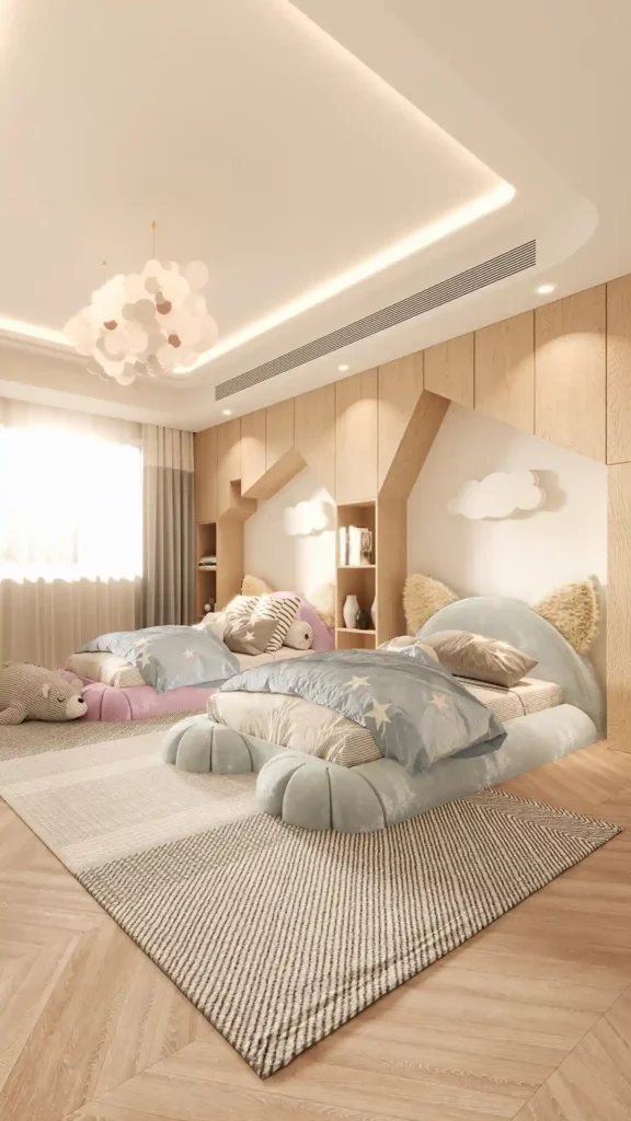 Soft-toned children's bedroom featuring two cat-shaped beds with velvet finishes and cloud wall lights, designed by MAGILORE