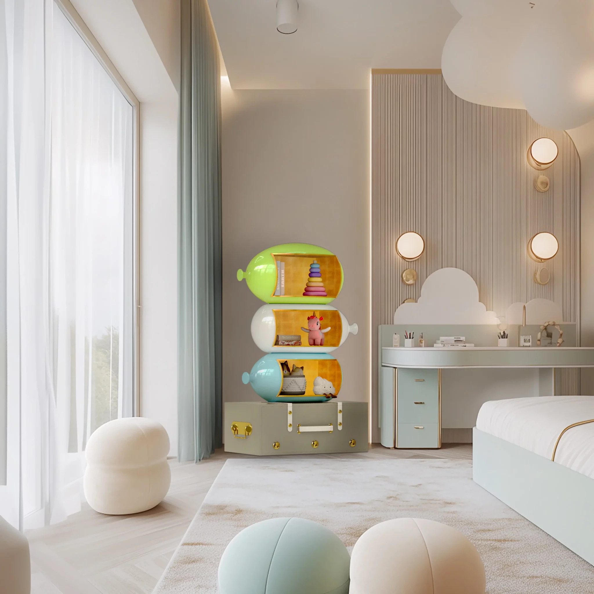 MAGILORE Skybound Bookcase with three colorful hot air balloon-shaped shelves, luxury storage furniture for playful children's interiors