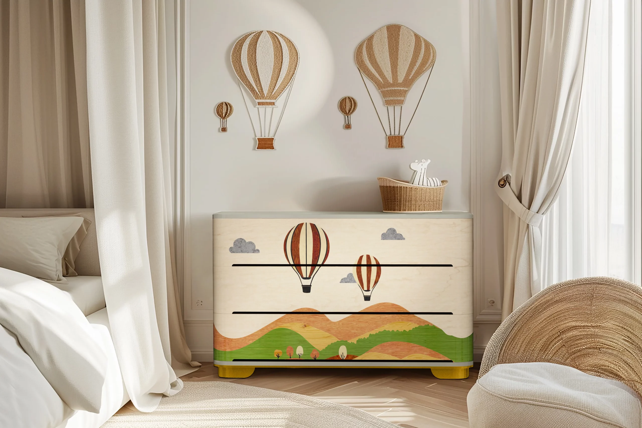 Luxury handcrafted kids dresser with hot air balloon marquetry in a serene nursery setting – Wonder Dresser by MAGILORE®