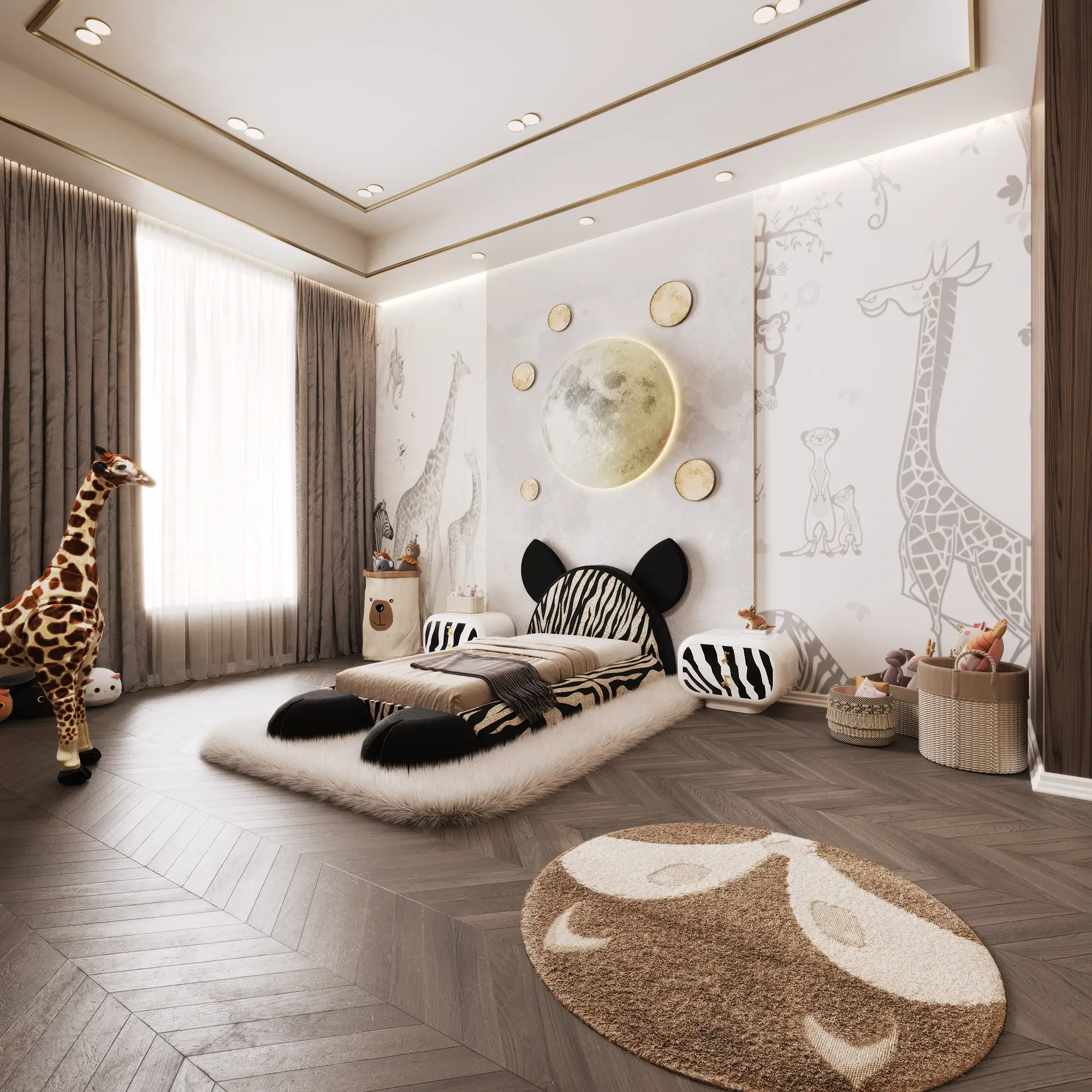 Luxury children’s bed inspired by a zebra, featuring velvet upholstery, animal ears, and sculpted feet, styled in a safari-themed kids’ room with giraffe wallpaper and moonlight wall decor
