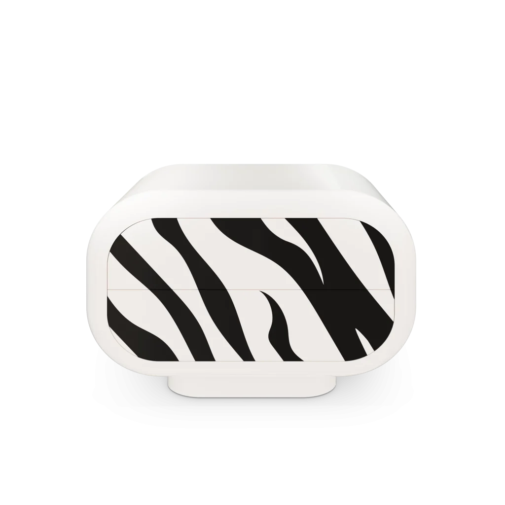 Front view of the luxury Zuri nightstand for kids featuring organic rounded shape, high glossy white lacquer finish, and precise high glossy black zebra stripe patterns.